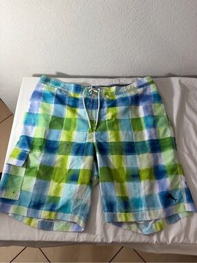 Tommy Bahama Blue, Green & White Plaid Swim Board Shorts